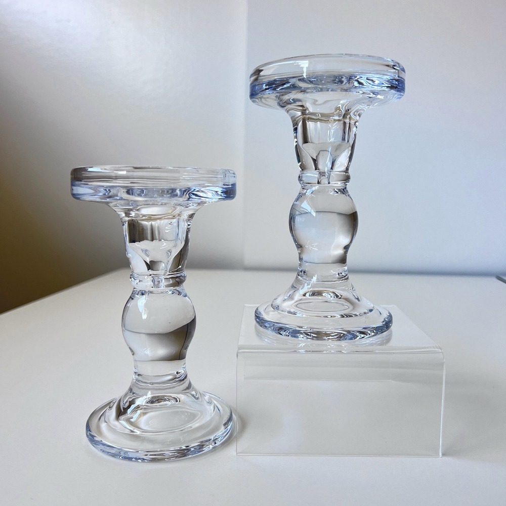 Pair Clear Glass Baluster Candle Holders Dual Purpose Pillar & Taper 5.6"